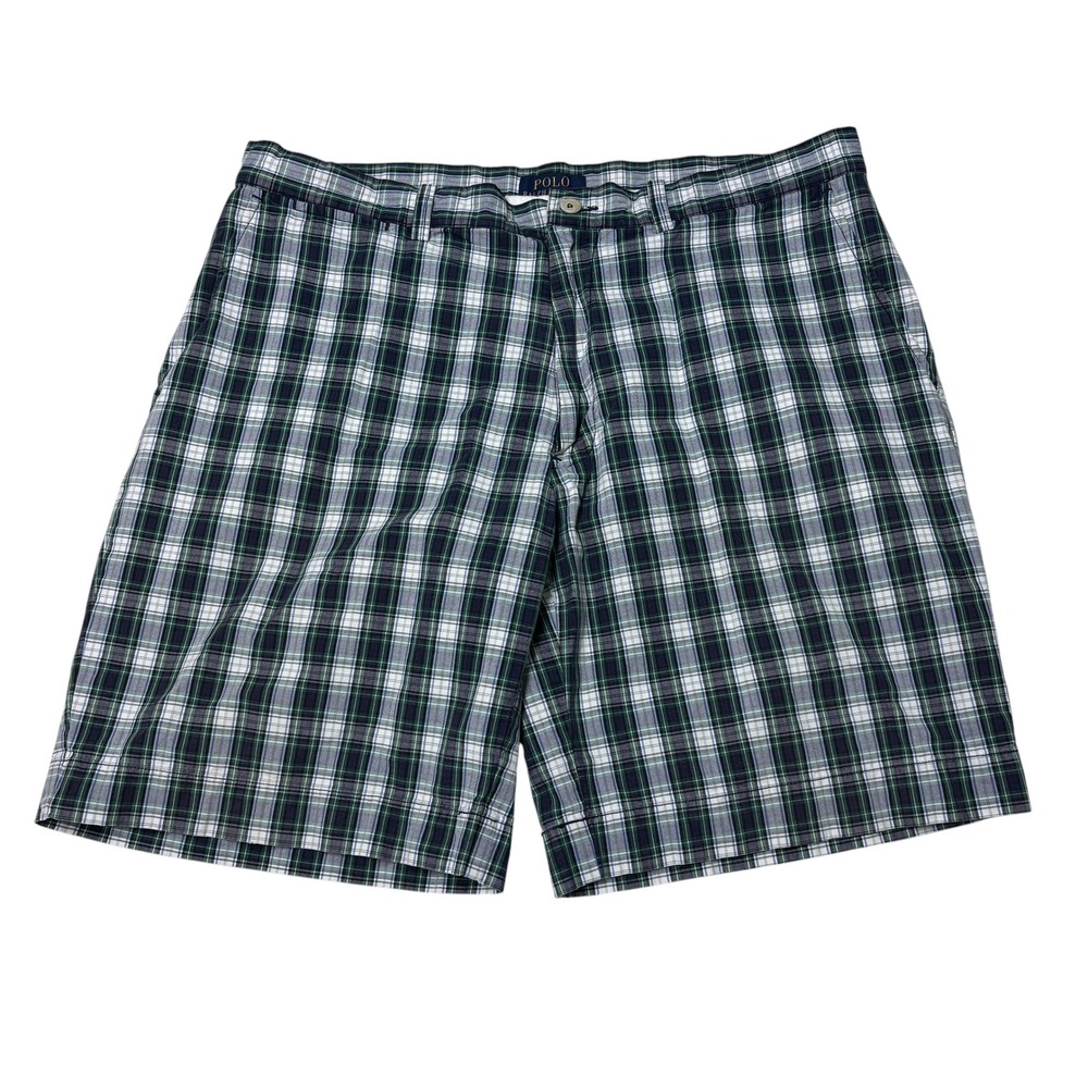 Polo‎ Ralph Lauren Plaid Shorts Mens 36X9 Blue Green White Cotton Flat Front